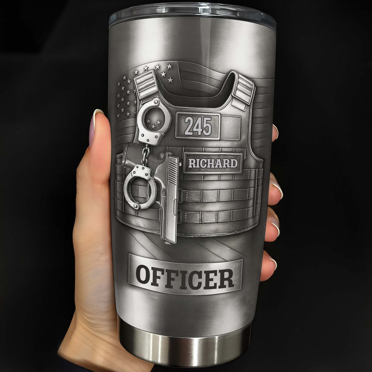 Beloved Officer Personalized Tumbler With Police Badge, Handcuffs, Pistol, Gift For Law Enforcement