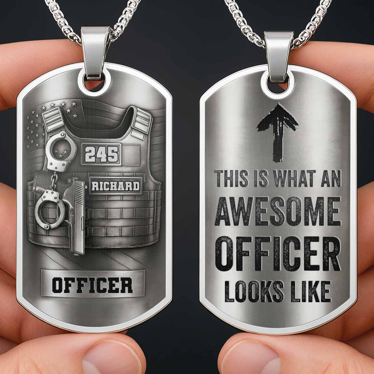 To My Brave Officer, Badge, Gun And Handcuffs, Personalized Dog Tag Necklace, Gift For Law Officers