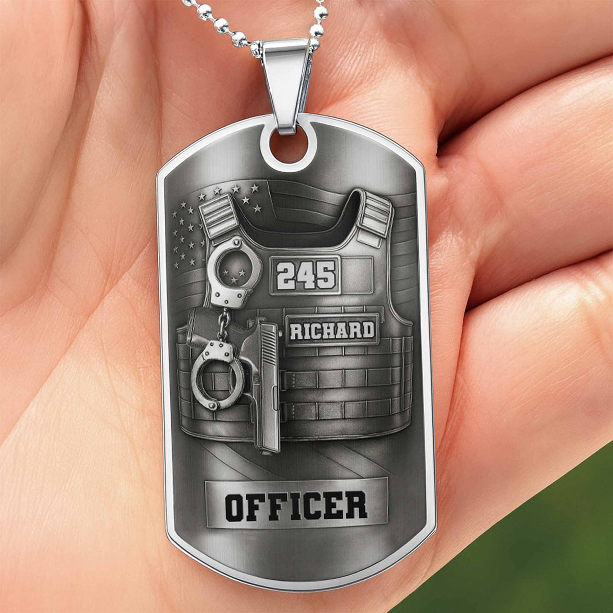 To My Brave Officer, Badge, Gun And Handcuffs, Personalized Dog Tag Necklace, Gift For Law Officers