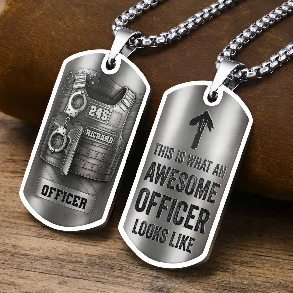 To My Brave Officer, Badge, Gun And Handcuffs, Personalized Dog Tag Necklace, Gift For Law Officers
