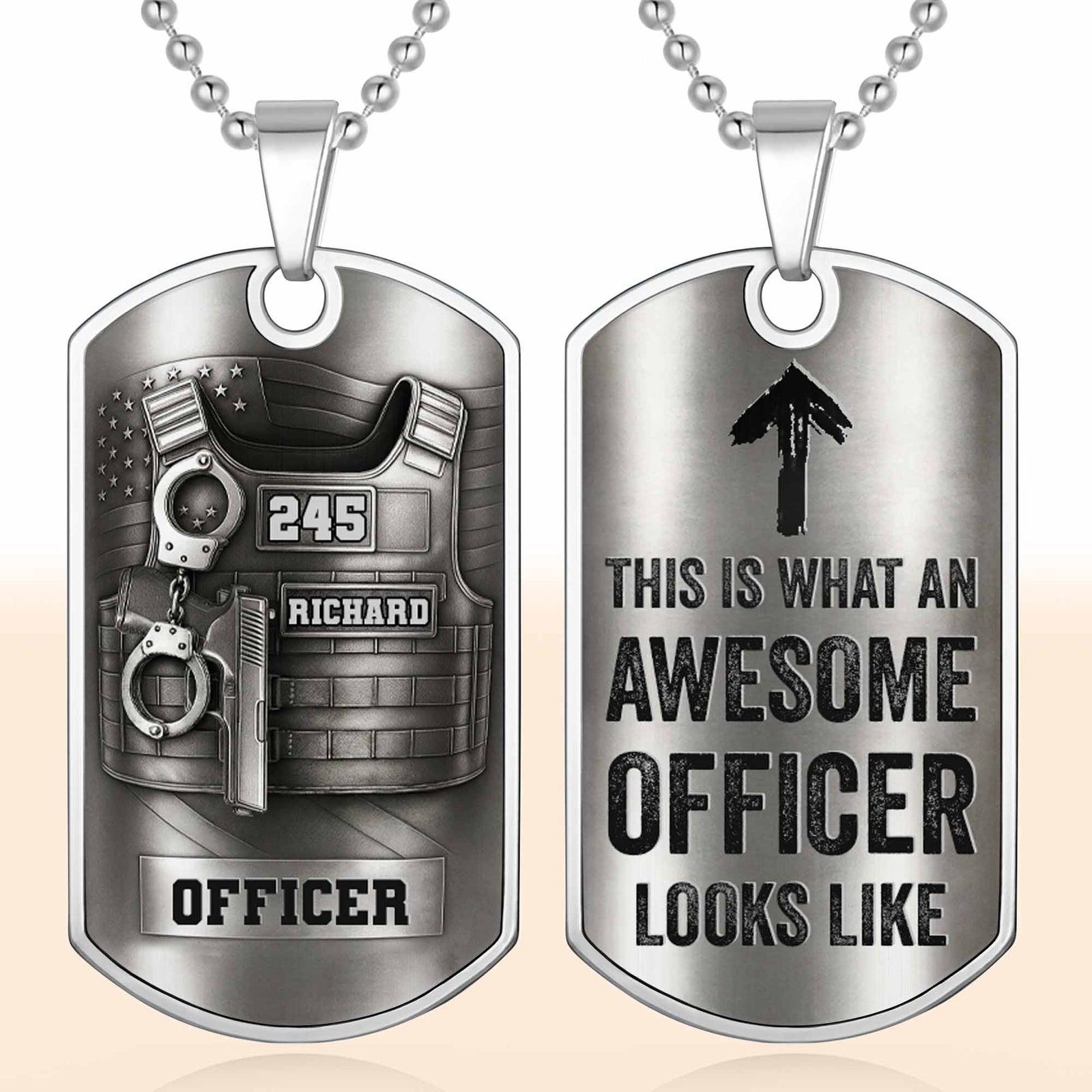 To My Brave Officer, Badge, Gun And Handcuffs, Personalized Dog Tag Necklace, Gift For Law Officers
