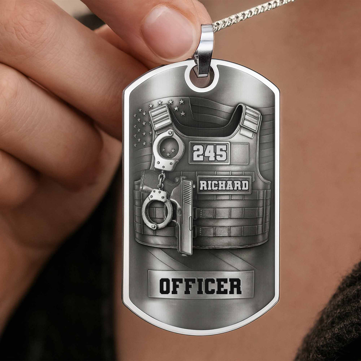 To My Brave Officer, Badge, Gun And Handcuffs, Personalized Dog Tag Necklace, Gift For Law Officers