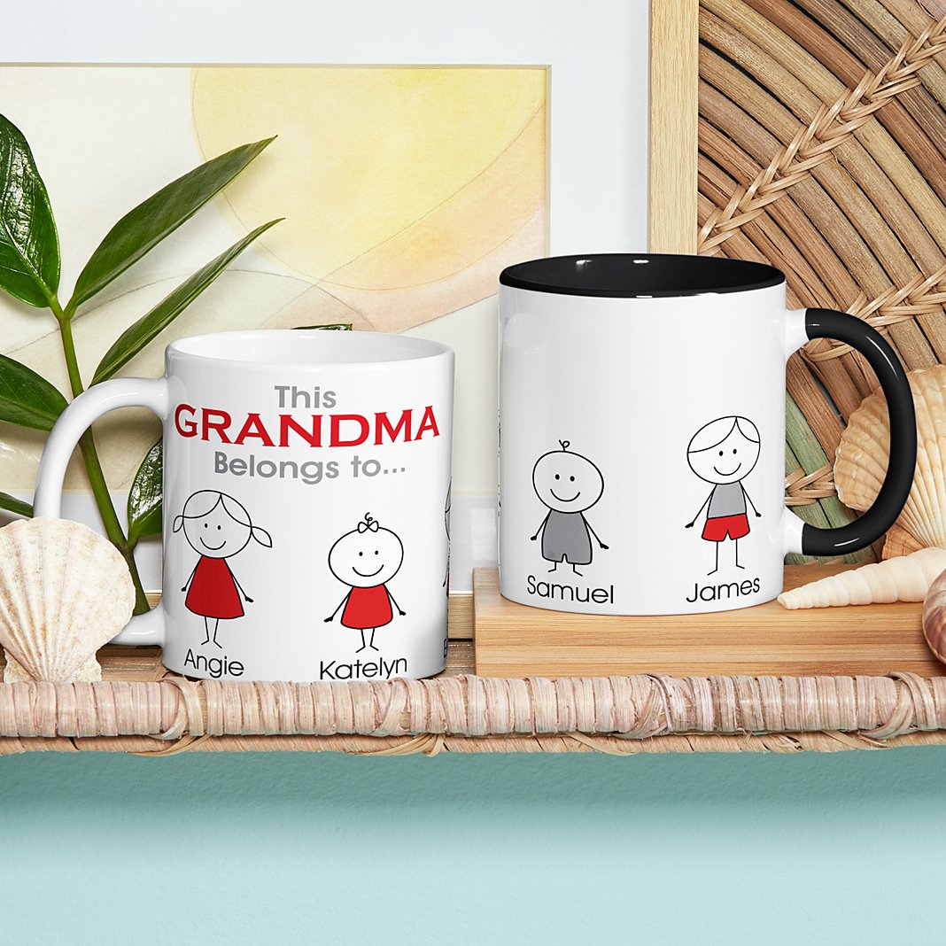 Personalised This Grandma Belongs to Family Portrait Ceramic Coffee Mug with Kid Names Birthday Christmas Gift for Family