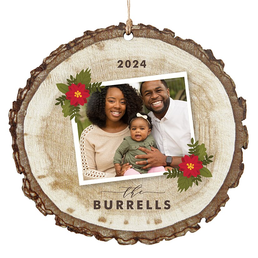 Poinsettia Photo Rustic Wood Ornament