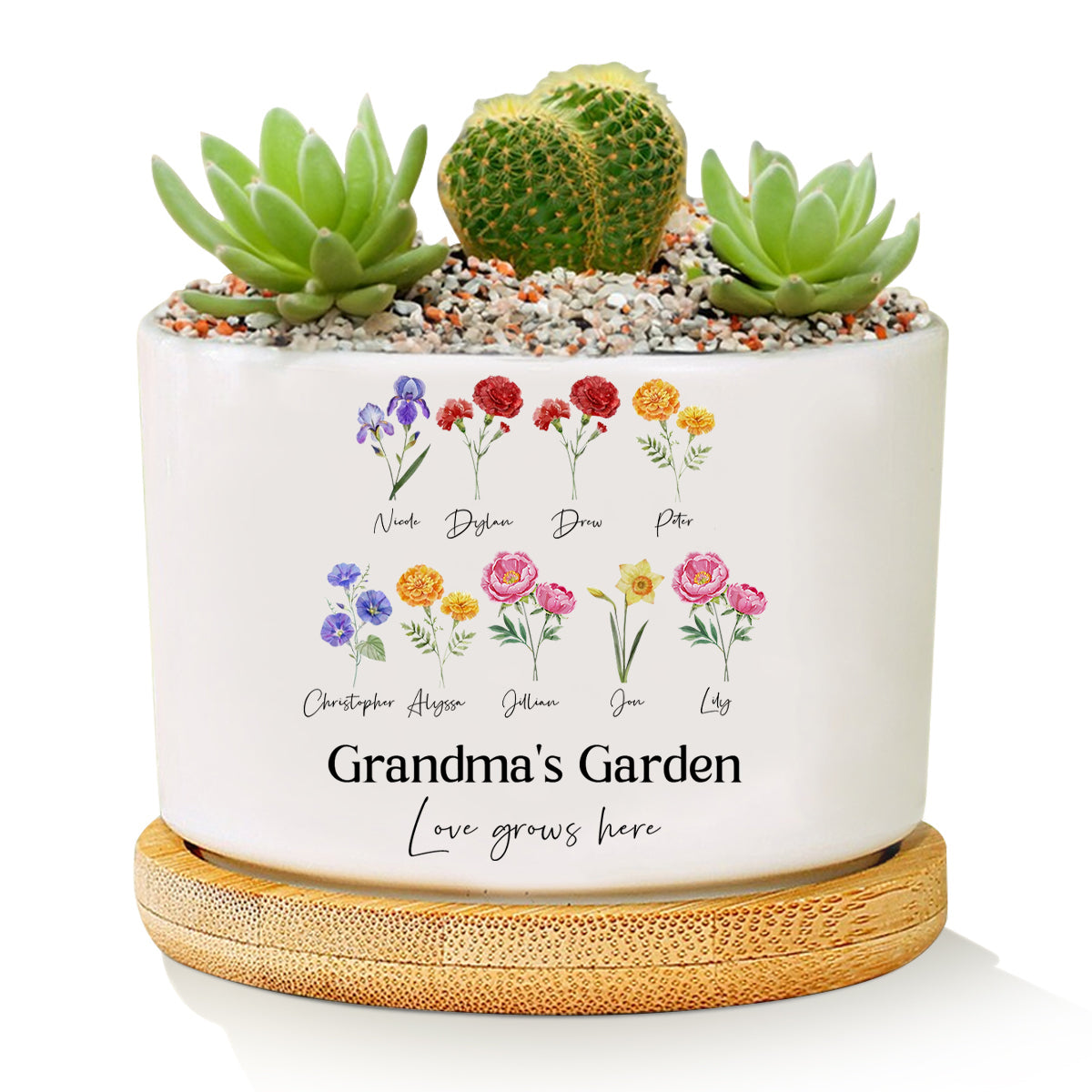 Personalized Grandma's Garden Outdoor Flower Pot With Grandkids Name and Birth Flower For Mother's Day