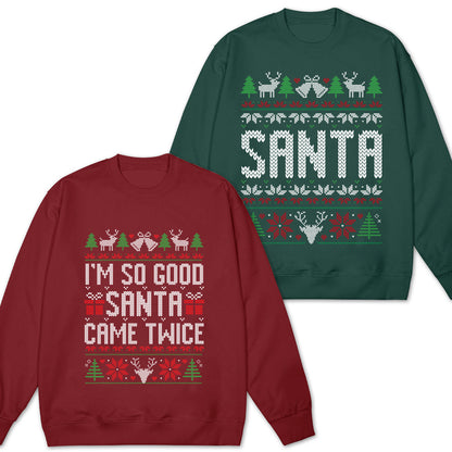 Unisex Funny Couples Ugly Christmas Sweater, Couples Matching Ugly Christmas Sweater, Santa Twice, Christmas Pajamas, Sold Seperate