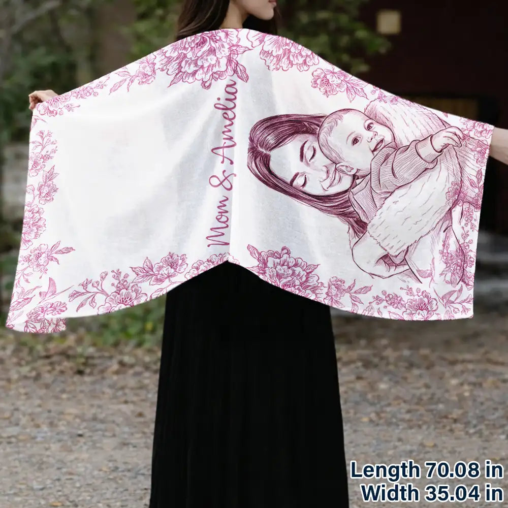 Custom Photo Pencil Sketch Mom Grandma And Kid - Personalized Lightweight Soft Shawl