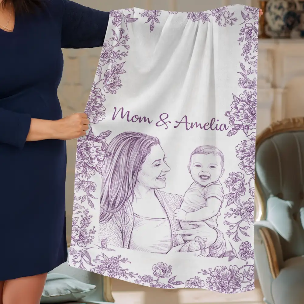 Custom Photo Pencil Sketch Mom Grandma And Kid - Personalized Lightweight Soft Shawl