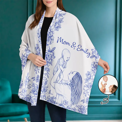 Custom Photo Pencil Sketch Mom Grandma And Kid - Personalized Lightweight Soft Shawl