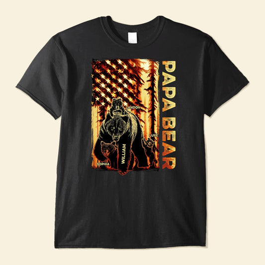 Papa Bear Forest Us Flag - Personalized Shirt, Gift for Father, Grandpa, Father's Day