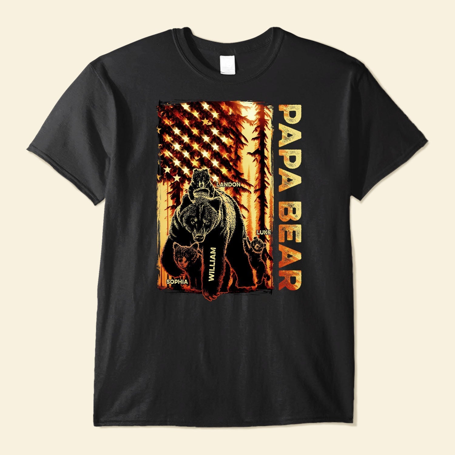 Papa Bear Forest Us Flag - Personalized Shirt, Gift for Father, Grandpa, Father's Day