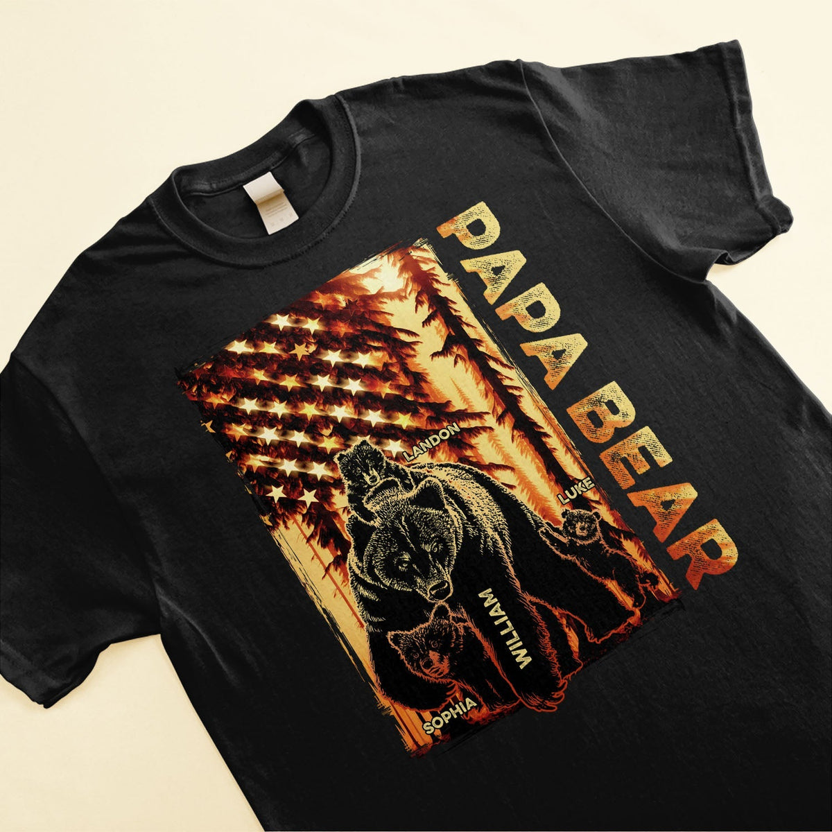 Papa Bear Forest Us Flag - Personalized Shirt, Gift for Father, Grandpa, Father's Day