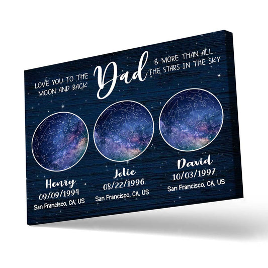 Personalized Star Map Canvas for Dad, Fathers Day Gift From Daughter Son, Custom Names And Birthday Night Sky Fathers Day Gift