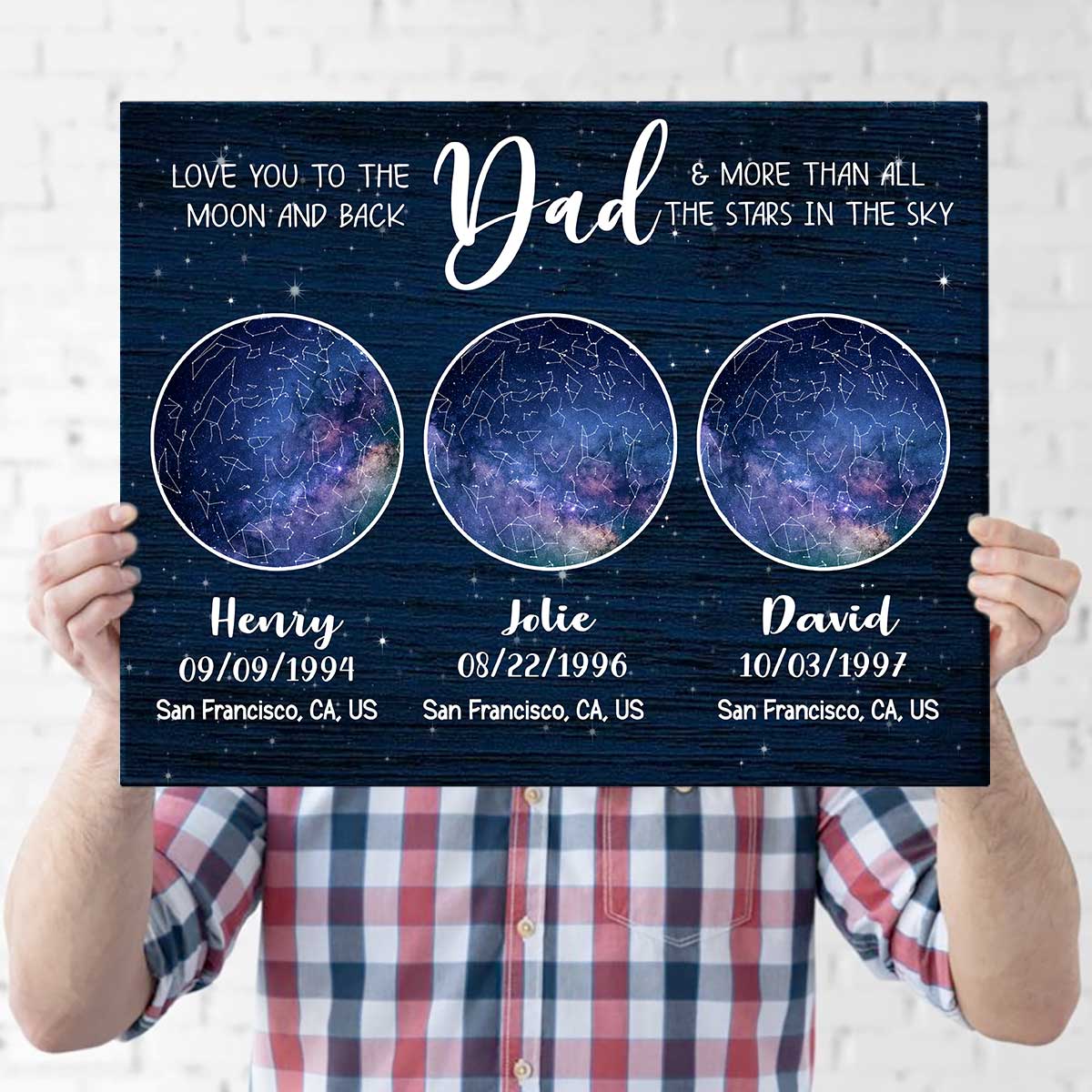 Personalized Star Map Canvas for Dad, Fathers Day Gift From Daughter Son, Custom Names And Birthday Night Sky Fathers Day Gift