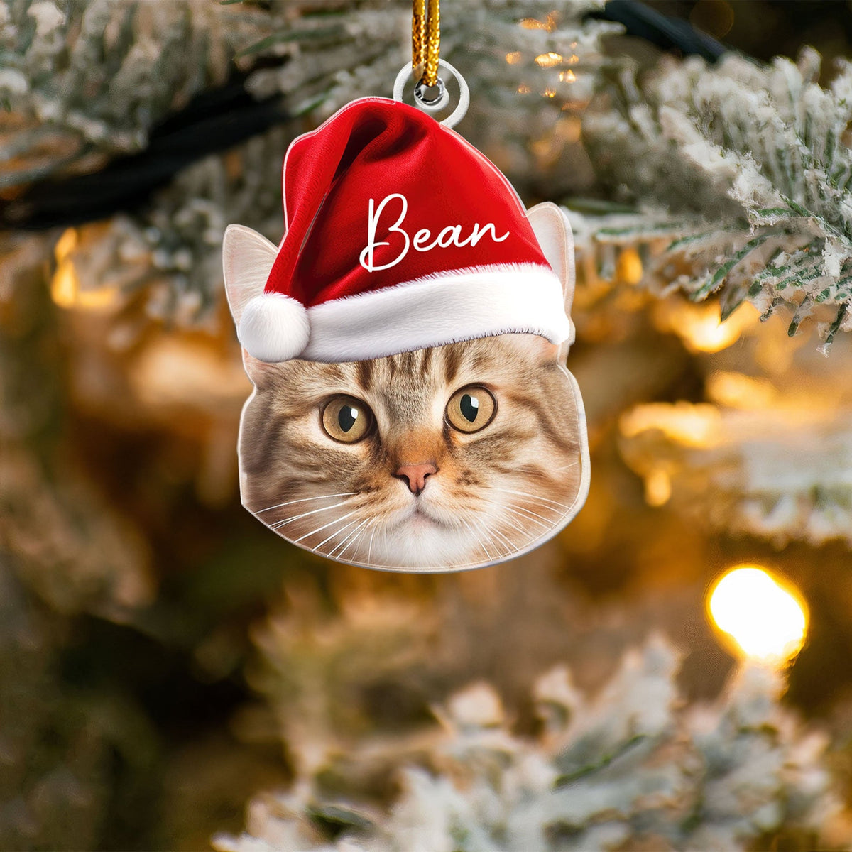 Cat Funny Christmas Face With Christmas Hat - Personalized Cat Photo Shape Ornament Christmas Gift For Cat Lovers