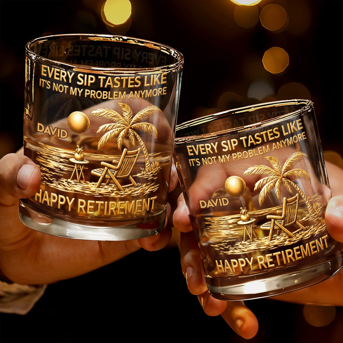 Every Sip Tastes Like Happy Retirement, Palm Trees Beach Chair Sun, Personalized Custom Whiskey Glass, Gift For Retirees