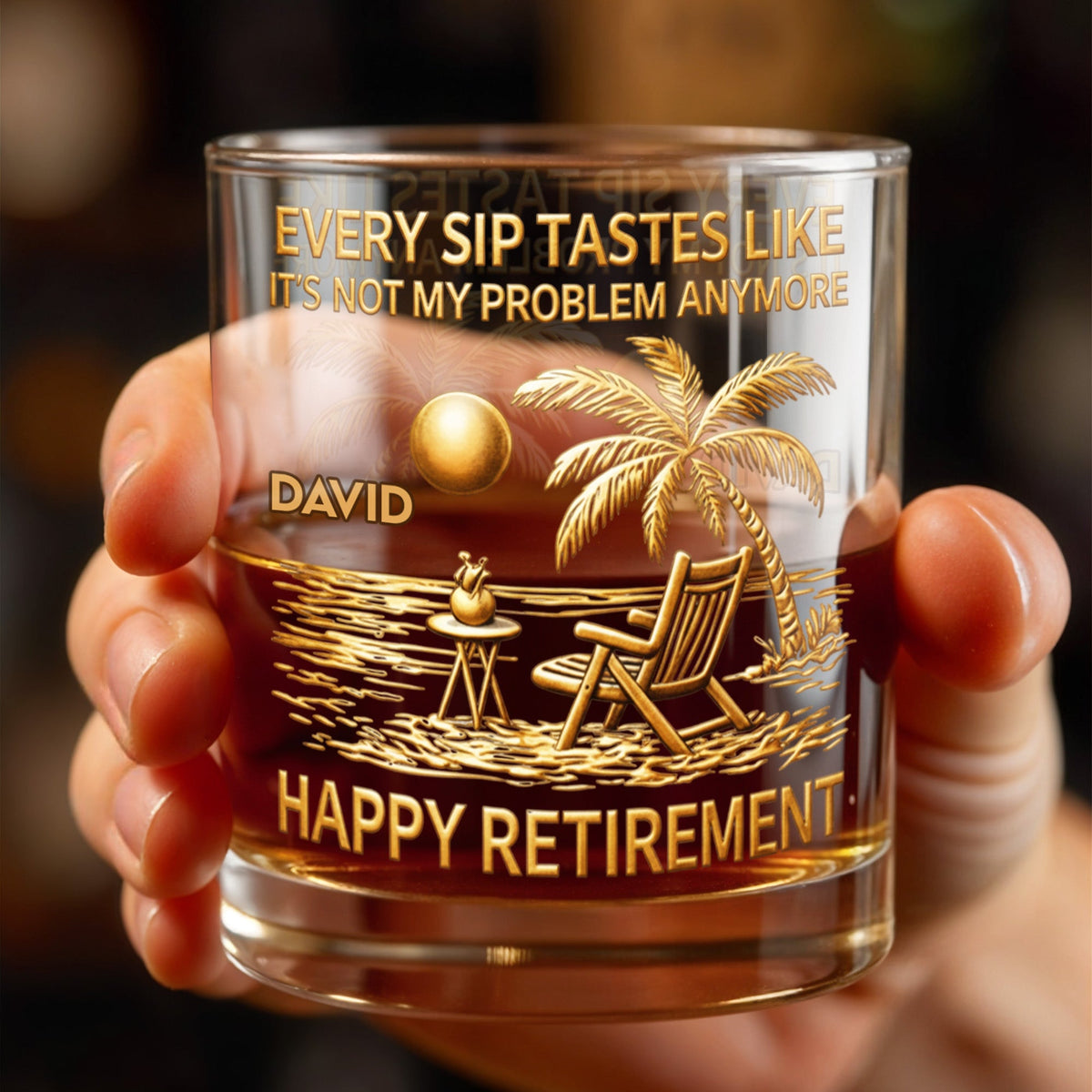 Every Sip Tastes Like Happy Retirement, Palm Trees Beach Chair Sun, Personalized Custom Whiskey Glass, Gift For Retirees