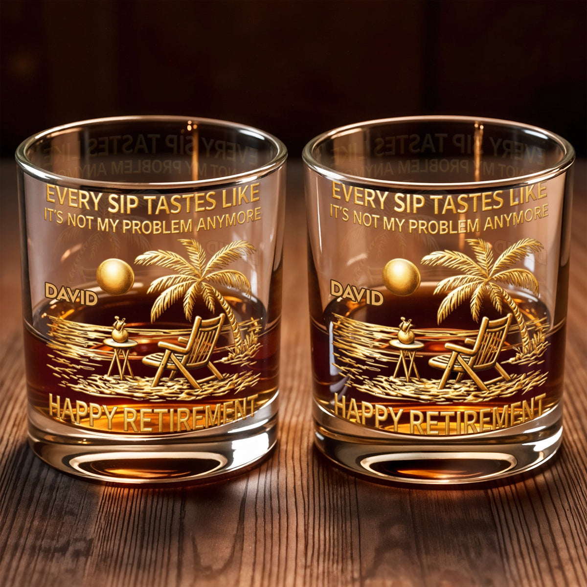 Every Sip Tastes Like Happy Retirement, Palm Trees Beach Chair Sun, Personalized Custom Whiskey Glass, Gift For Retirees