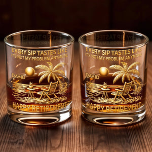 Every Sip Tastes Like Happy Retirement, Palm Trees Beach Chair Sun, Personalized Custom Whiskey Glass, Gift For Retirees