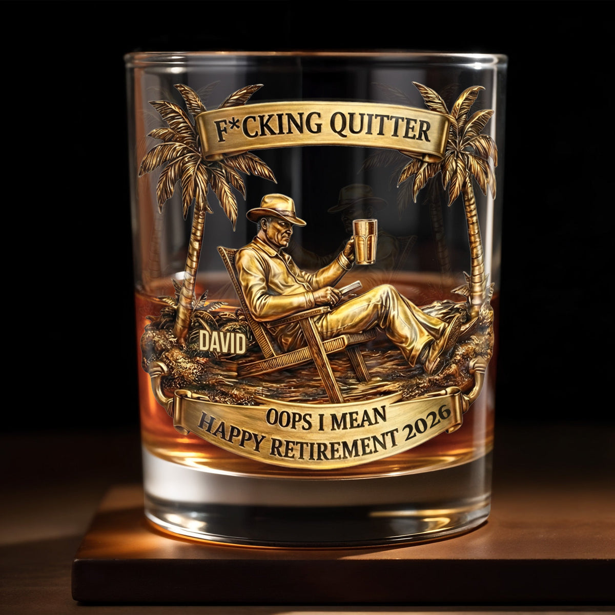 Effing Quitter Happy Retirement Palm Trees and Relaxation, Personalized Whiskey Glass, Gift for Retiree