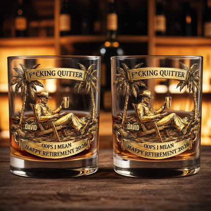 Effing Quitter Happy Retirement Palm Trees and Relaxation, Personalized Whiskey Glass, Gift for Retiree