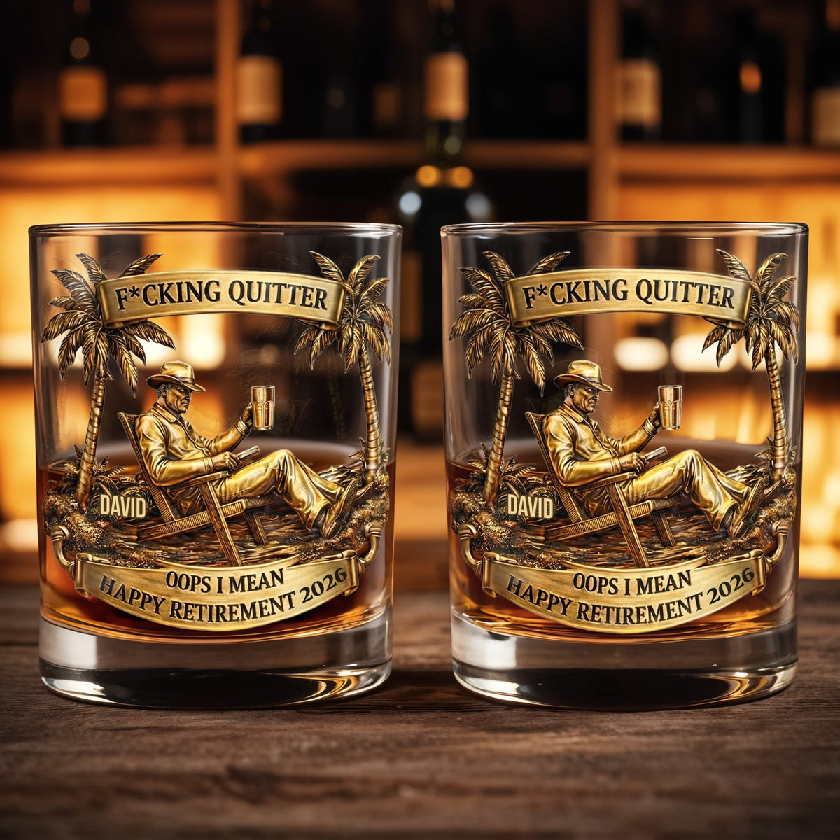 Effing Quitter Happy Retirement Palm Trees and Relaxation, Personalized Whiskey Glass, Gift for Retiree