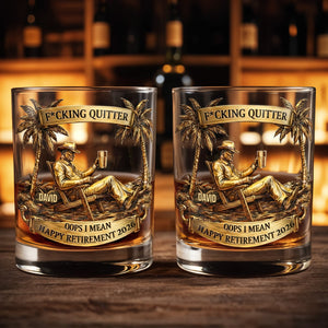 Effing Quitter Happy Retirement Palm Trees and Relaxation, Personalized Whiskey Glass, Gift for Retiree