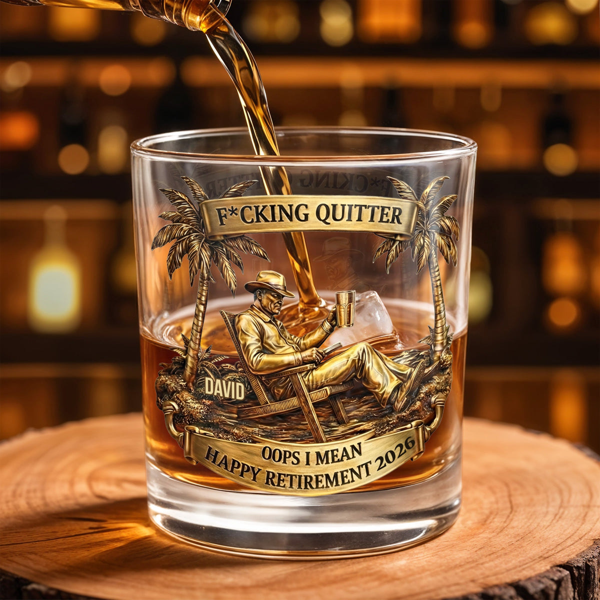 Effing Quitter Happy Retirement Palm Trees and Relaxation, Personalized Whiskey Glass, Gift for Retiree