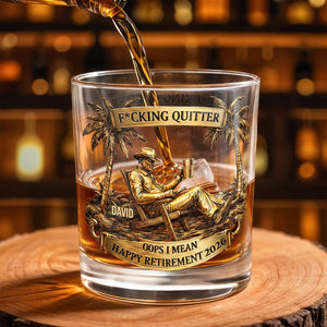 Effing Quitter Happy Retirement Palm Trees and Relaxation, Personalized Whiskey Glass, Gift for Retiree