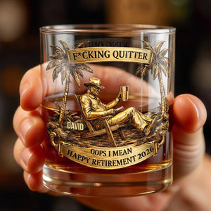 Effing Quitter Happy Retirement Palm Trees and Relaxation, Personalized Whiskey Glass, Gift for Retiree