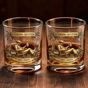 Effing Quitter Happy Retirement Palm Trees and Relaxation, Personalized Whiskey Glass, Gift for Retiree