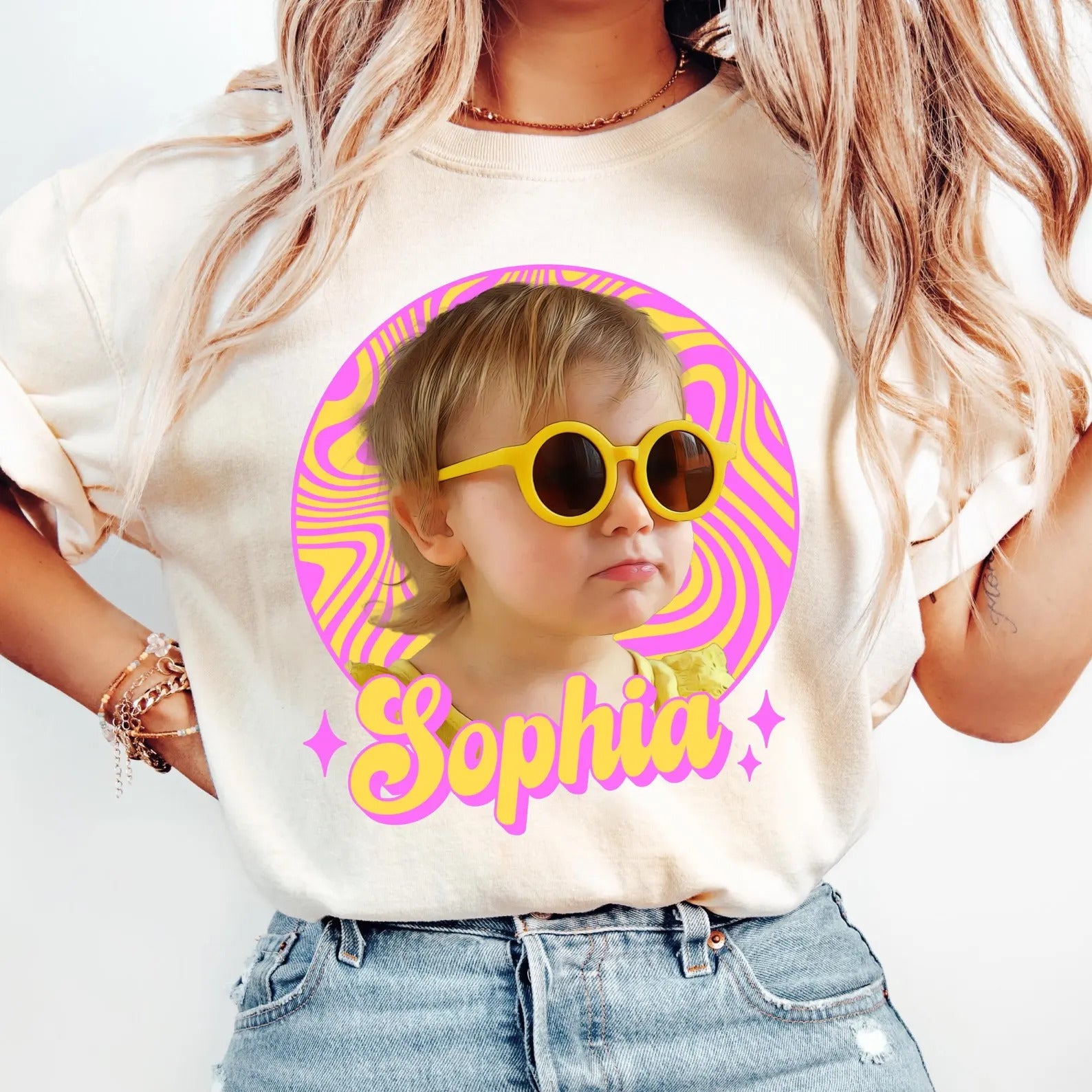 Custom Wavy Graphic Unisex T-shirt Your Photo + Name Personalized Face Comfort Colors Shirts for Husband and Wife Custom Y2K Retro 90s Tee R_EWE.jpg