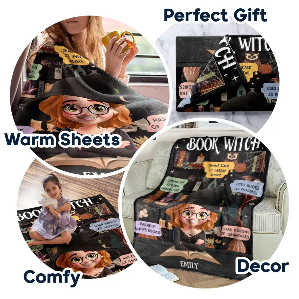 Reading Book Witch Blanket - Personalized Fleece Blanket, Sherpa Blanket