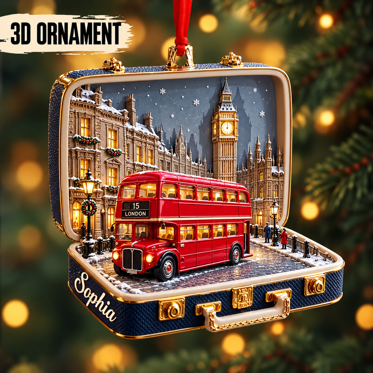 Personalized London Suitcase Christmas Ornament – 3D Big Ben & Red Bus, Custom Name Souvenir Gift for Travelers