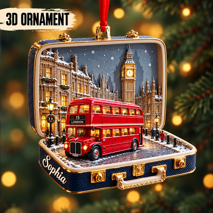 Personalized London Suitcase Christmas Ornament – 3D Big Ben & Red Bus, Custom Name Souvenir Gift for Travelers