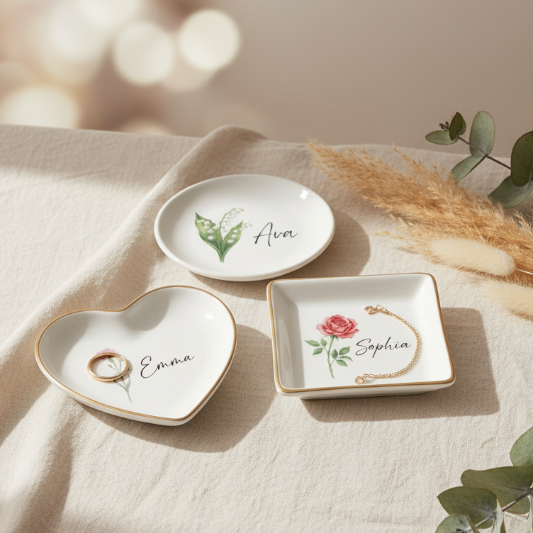 Mother's Day Gift, Personalized Ceramic Trinket Dish, Birth Flower Jewelry Tray for Mom, Custom Name Gift, Gold Rim Tray, Birthday Present