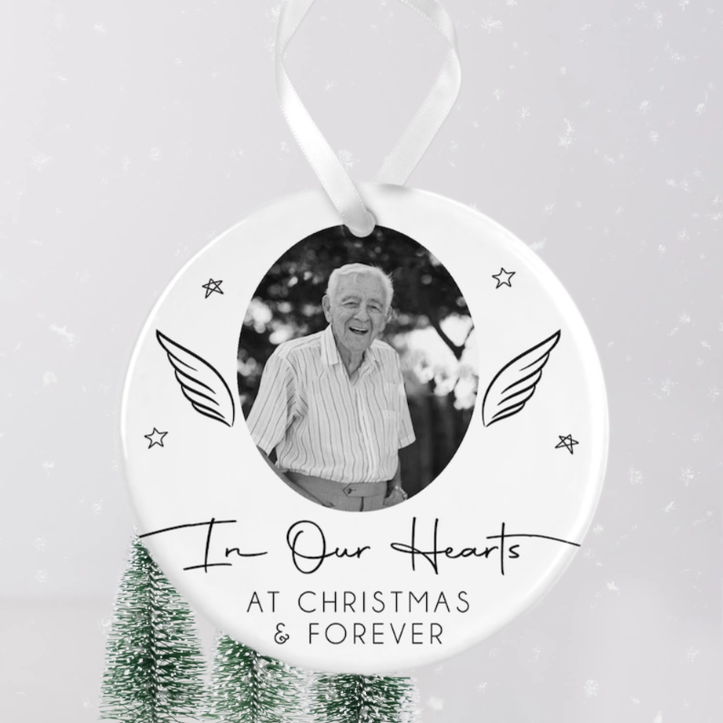 Memorial Christmas Bauble | Memory Ornament | Memorial Keepsake Christmas | Memorial Photo Ceramic Christmas Bauble - Angel Wings