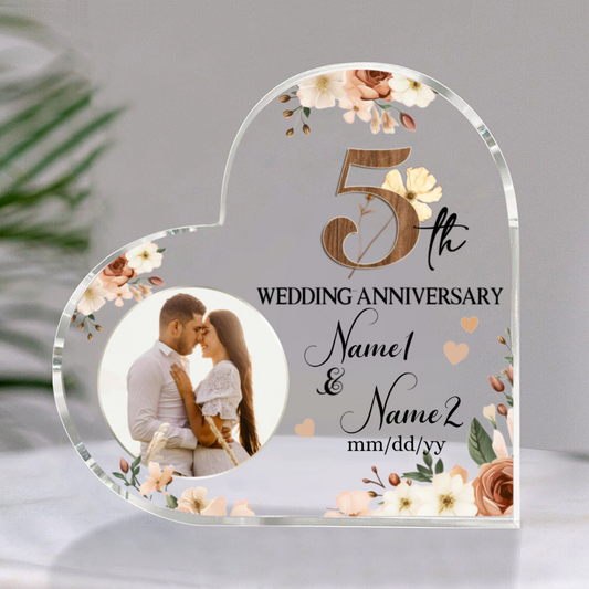 5th Wedding Anniversary Acrylic Heart Plaque, Personalized 5 Year Anniversary Gift, Wooden Anniversary Gifts, Wooden Anniversary Keepsake