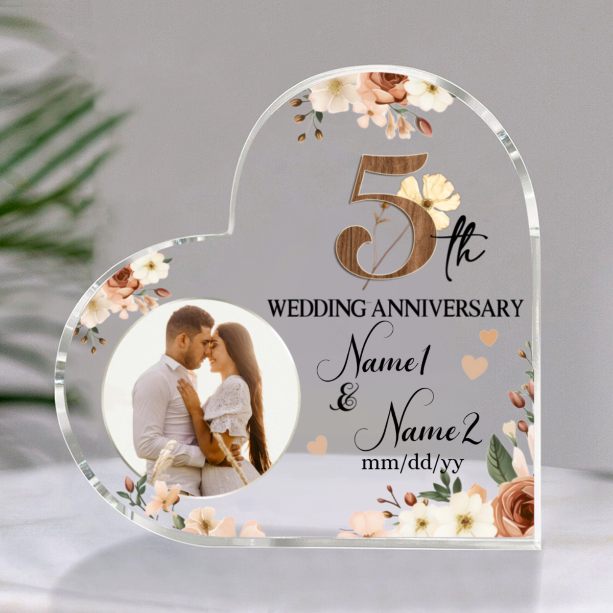 5th Wedding Anniversary Acrylic Heart Plaque, Personalized 5 Year Anniversary Gift, Wooden Anniversary Gifts, Wooden Anniversary Keepsake
