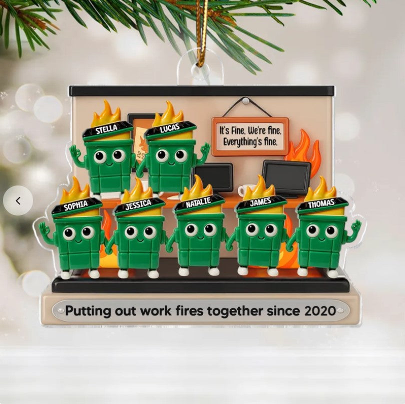 3D Effect Dumpster Fires In Office Scene - Personalized Acrylic Ornament - Funny Gift For Colleagues, Work Besties