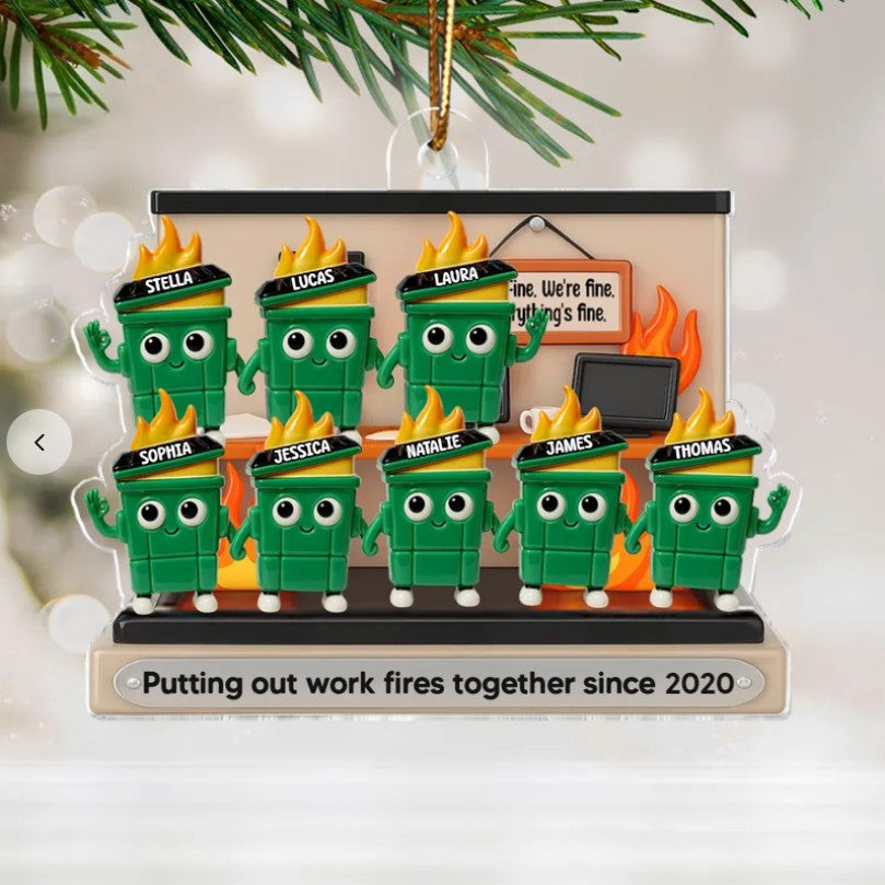 3D Effect Dumpster Fires In Office Scene - Personalized Acrylic Ornament - Funny Gift For Colleagues, Work Besties