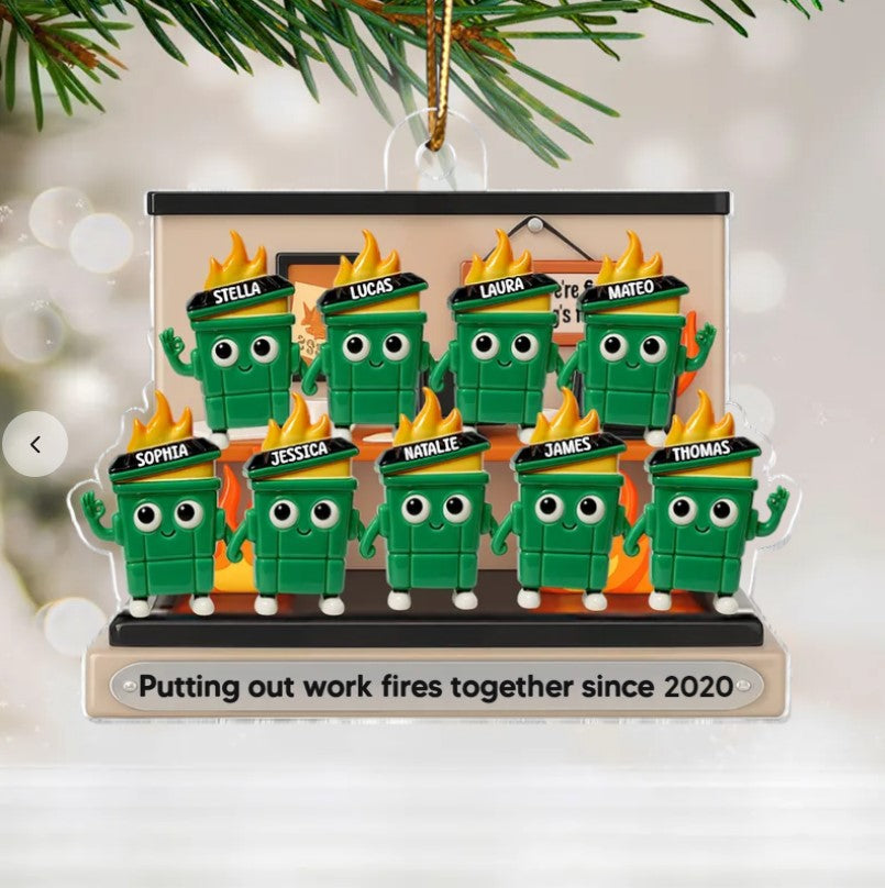 3D Effect Dumpster Fires In Office Scene - Personalized Acrylic Ornament - Funny Gift For Colleagues, Work Besties