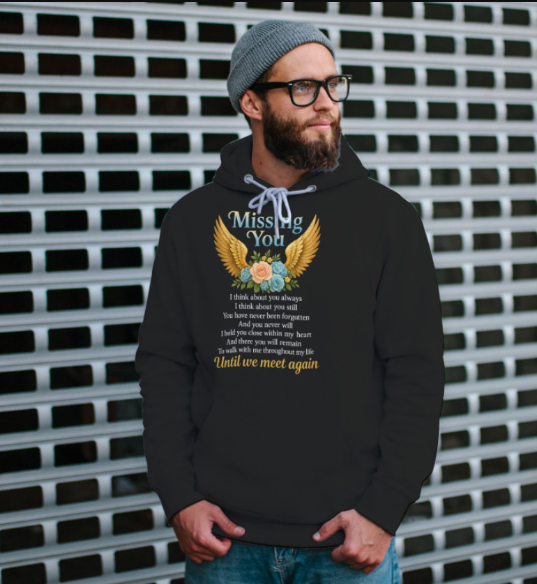 Missing You Until We Meet You Again Memorial Custom Shirt Memorial Tee, In Loving Memory Shirt, Sympathy Gift, Grief Shirt Angel Wings & Flowers