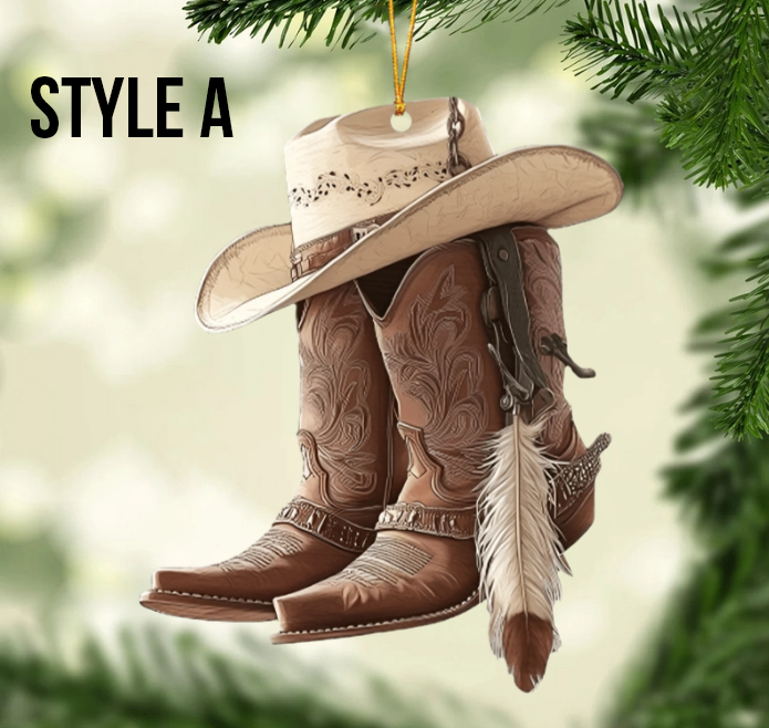 Cowboy Cowgirl Hat & Boots - Personalized Christmas Ornament