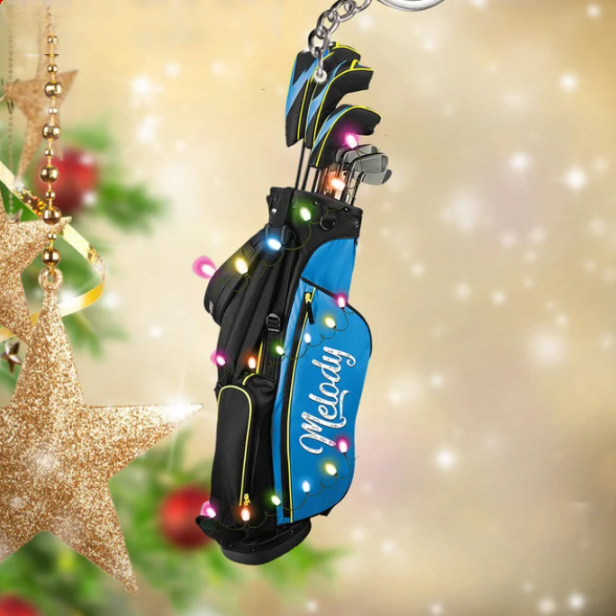 Personalized Golf Bag Keychain, Custom Name Golf Bag Christmas Lights Keychain, Merry Christmas Gift For Golf Players