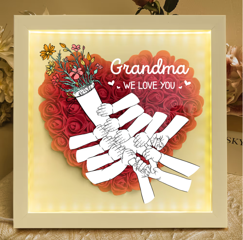 Mom Hands Holding We Love You - Personalized Flower Shadow Box with LED Light Up to 15 names Mother's Day Birthday Gifts for Mom Wife from Daughter, Son, Husband and Keepsake Red