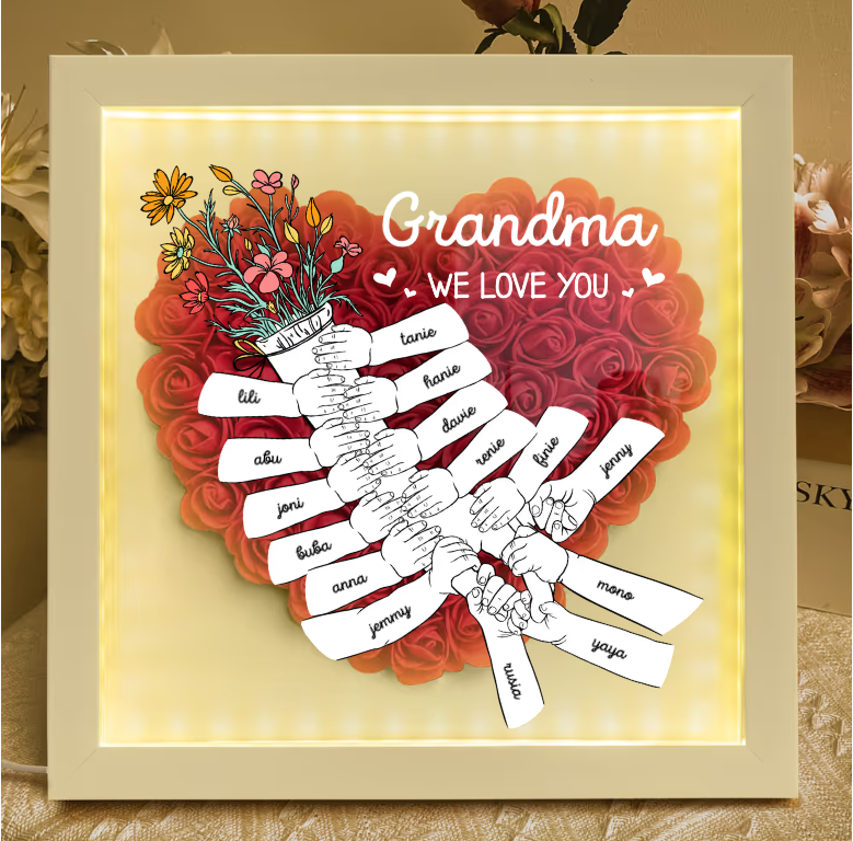Mom Hands Holding We Love You - Personalized Flower Shadow Box with LED Light Up to 15 names Mother's Day Birthday Gifts for Mom Wife from Daughter, Son, Husband and Keepsake Red