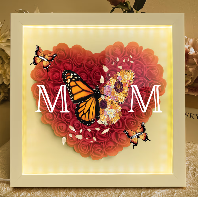 Mom - Butterfly Version - Personalized Flower Shadow Box With LED Light Mother's Day Birthday Gifts for Mom Wife from Daughter, Son, Husband and Keepsake
