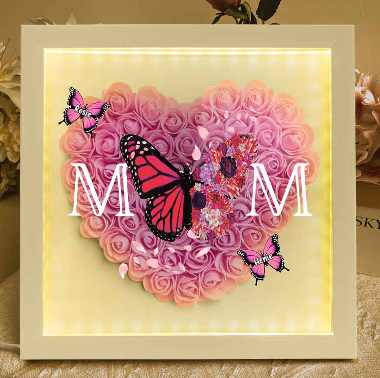 Mom - Butterfly Version - Personalized Flower Shadow Box With LED Light Mother's Day Birthday Gifts for Mom Wife from Daughter, Son, Husband and Keepsake