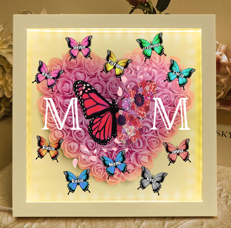 Mom - Butterfly Version - Personalized Flower Shadow Box With LED Light Mother's Day Birthday Gifts for Mom Wife from Daughter, Son, Husband and Keepsake